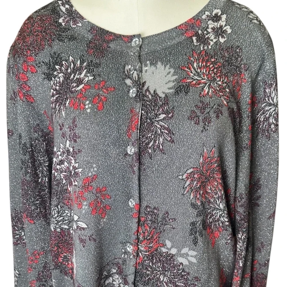 Charter Club Cardigan Women XL Grey Floral Metallic Shimmer Button Front Sweater